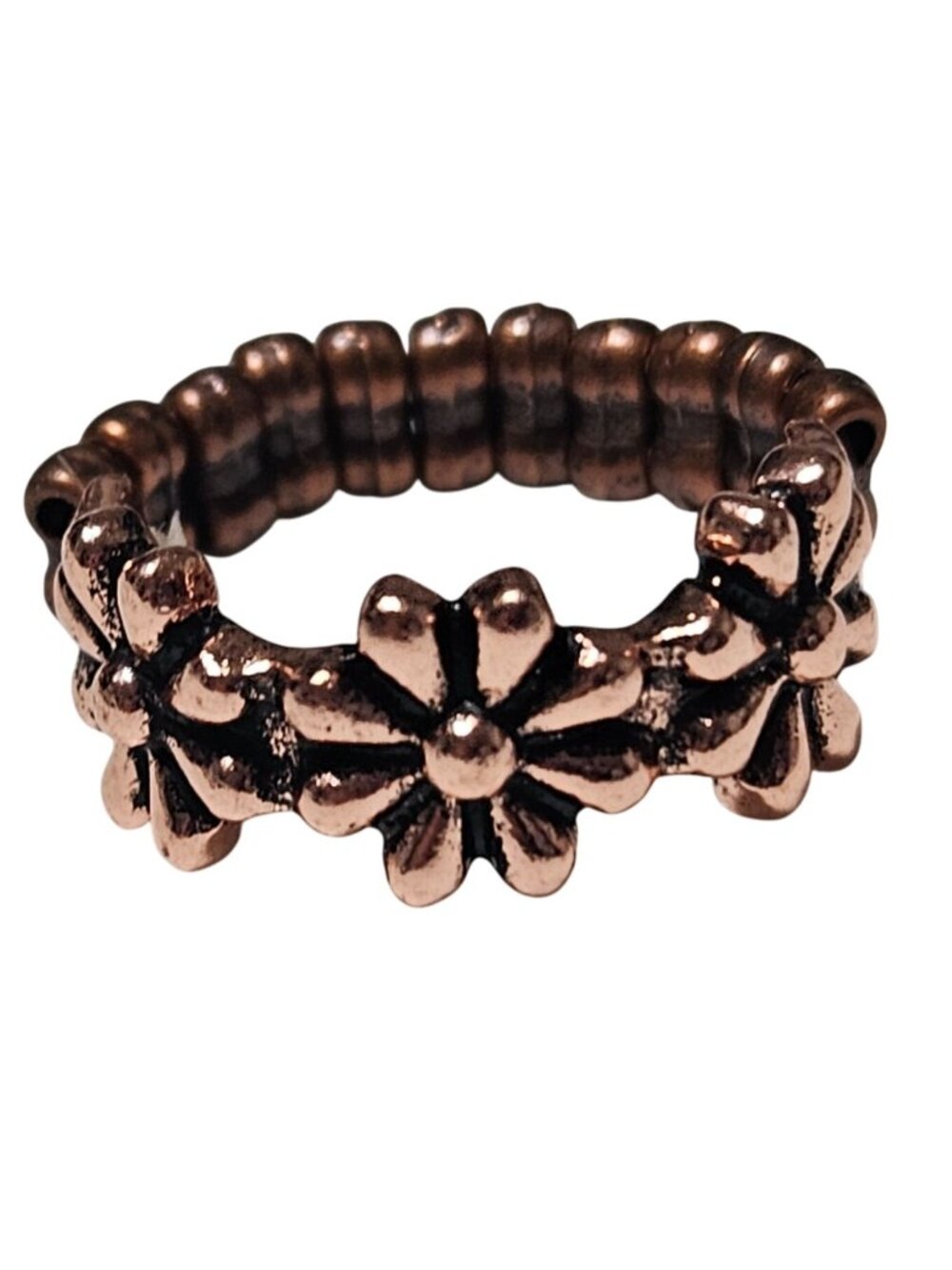 Antiqued Copper Daisy Flower Ring Boho 60s 70s Stretch Cottagecore Rustic Women